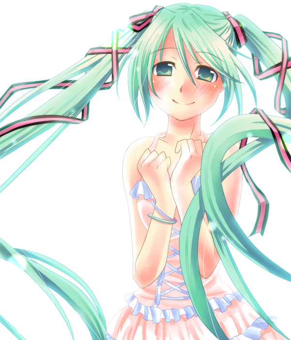 hashi moto, hatsune miku, vocaloid, blush, dress, green eyes, green hair, hair ribbon, long hair, ribbon, smile, solo, twintails