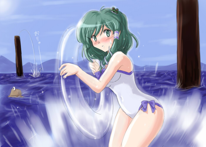 flx, kochiya sanae, touhou, 1girl, breasts, female focus, frog, green hair, hat, hydrokinesis, long hair, ocean, one-piece swimsuit, outdoors, sky, solo, swimsuit, water