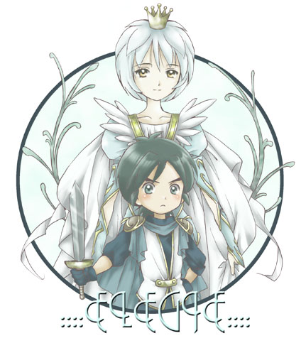 fakir (princess tutu), mytho (princess tutu), mythos, siegfried (princess tutu), princess tutu, lowres, 00s, 2boys, aged down, black hair, crown, dress, hat, male focus, multiple boys, plant, short hair, smile, sword, weapon, white background, white hair