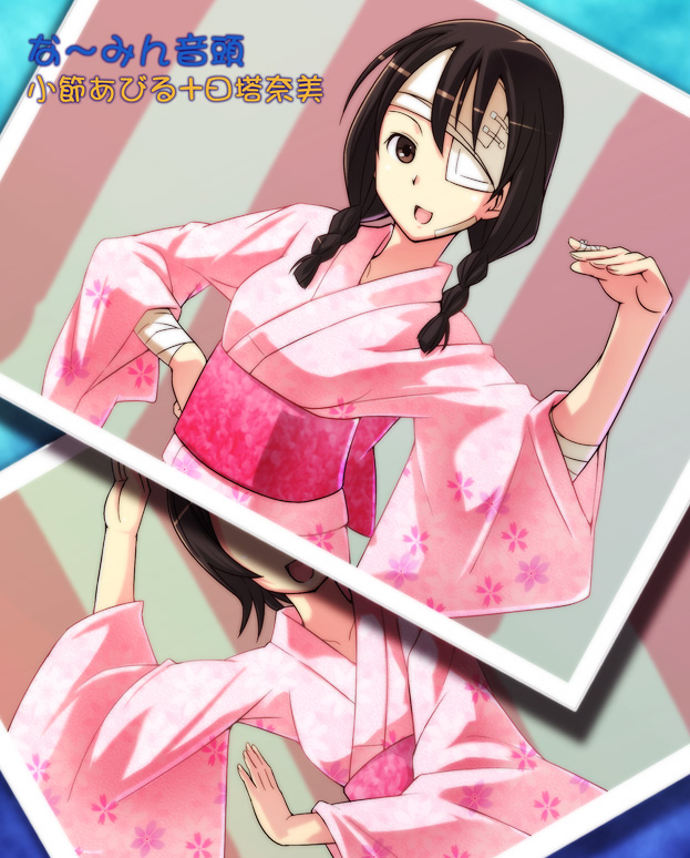 e20, hitou nami, kobushi abiru, sayonara zetsubou sensei, 00s, 2girls, bandage over one eye, bandages, black hair, braid, brown eyes, brown hair, eyepatch, japanese clothes, kimono, multiple girls, open mouth, photo (object), pink kimono, twin braids, yukata