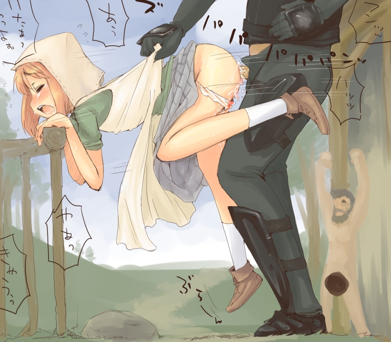 man (man-room), alissa (mabinogi), ferghus, ferghus (mabinogi), trefor, mabinogi, translation request, 1girl, 2boys, beard, blood, blush, closed eyes, clothed sex, cum, cum in pussy, defloration, doggystyle, facial hair, flat chest, forced to watch, from side, hanging legs, held up, hetero, hood, leg lift, loli, multiple boys, onlookers, open mouth, orange hair, penis, rape, sex, sex from behind, short hair, skirt, socks, solo focus, tears, text focus, vaginal