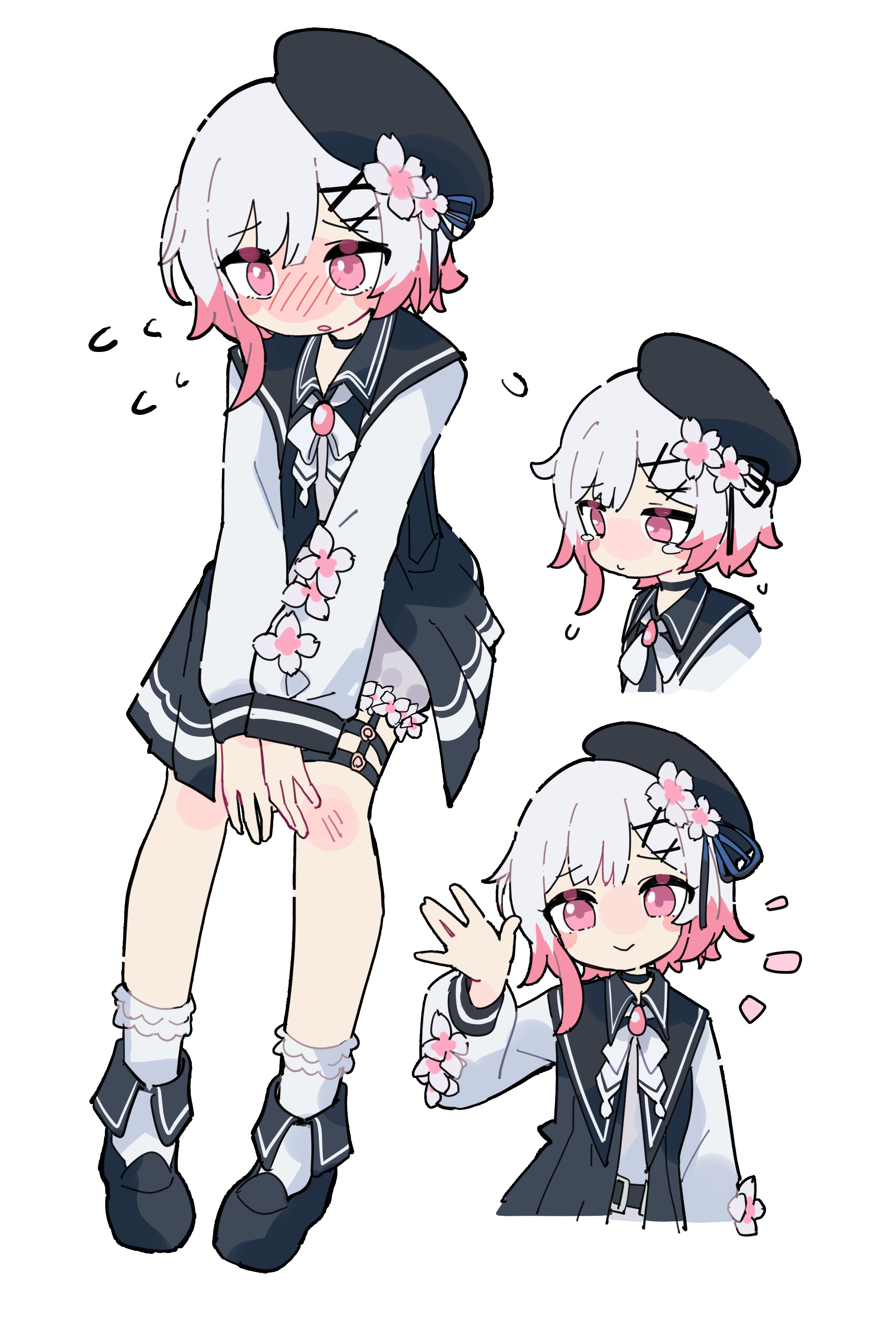 33puruspa, sakuraba ema, mahou shoujo no majo saiban, absurdres, highres, 1girl, ||/, black choker, black dress, black hat, black shoes, blush, bobby socks, bug, butterfly, choker, dress, flower, flower ornament, flying sweatdrops, gradient hair, hair ornament, hat, hat flower, insect, looking at viewer, magical girl, multicolored hair, multiple views, nose blush, parted lips, pink eyes, pink hair, red butterfly, shirt, shoes, simple background, smile, socks, tearing up, thigh strap, white background, white flower, white hair, white shirt, white socks, x hair ornament