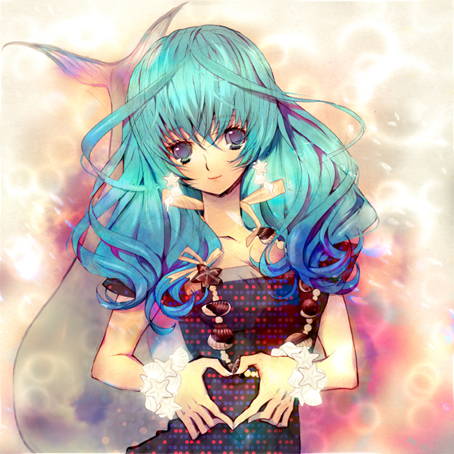 rinen, original, 1girl, aqua eyes, aqua hair, blue hair, bow, bracelet, earrings, female focus, four-finger heart hands, head tilt, heart, heart hands, jewelry, lips, long hair, looking at viewer, mermaid, monster girl, necklace, ribbon, seashell, shell, smile, solo, star (symbol), starfish, unmoving pattern