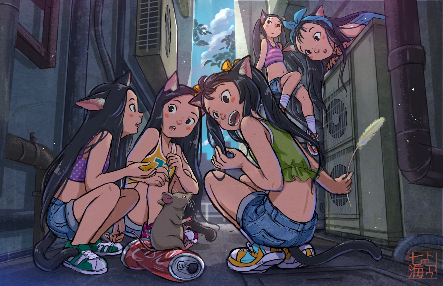 nanami tomorou, original, 5girls, alley, animal, animal ears, black eyes, blush stickers, bow, cat ears, cat girl, cat tail, crop top, crushed can, day, denim, denim shorts, green shoes, hair bow, industrial pipe, long hair, median furrow, mouse (animal), multiple girls, open mouth, ponytail, shoes, short shorts, shorts, sitting, sneakers, squatting, tail, twintails, yellow bow, yellow shoes