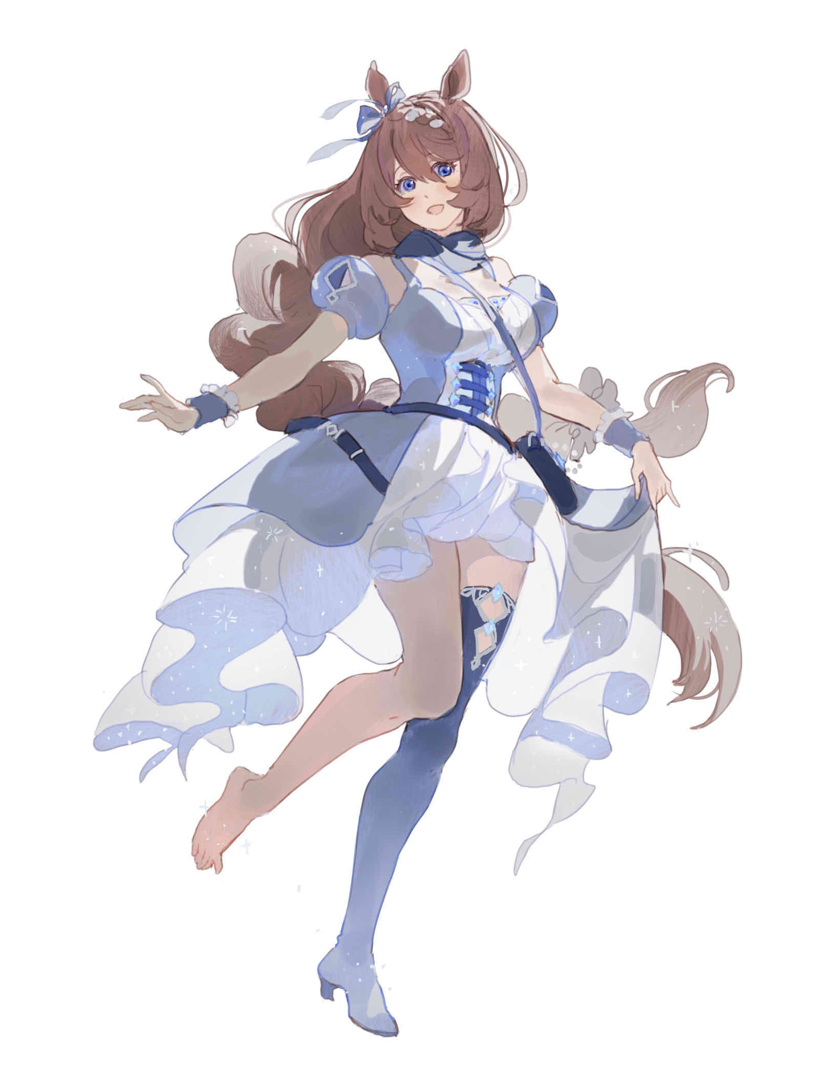 ai-wa, super creek (murmuring stream) (umamusume), super creek (umamusume), umamusume, highres, 1girl, animal ears, bag, between breasts, black boots, blue bag, blue dress, blue eyes, blush, boots, bow, braid, braided ponytail, breasts, brown hair, dress, ear bow, full body, hair between eyes, high heel boots, high heels, horse ears, horse girl, horse tail, large breasts, long hair, looking at viewer, multicolored hair, open mouth, short dress, shoulder bag, simple background, single bare foot, single boot, single thigh boot, smile, solo, strap between breasts, streaked hair, tail, thigh boots, very long hair, white background, white hair, wrist cuffs