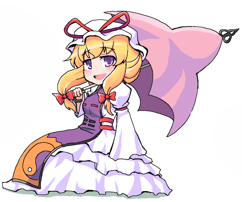 kari (karinimooreha), yakumo yukari, touhou, 1girl, chibi, dress, female focus, full body, hat, simple background, solo, umbrella, white background