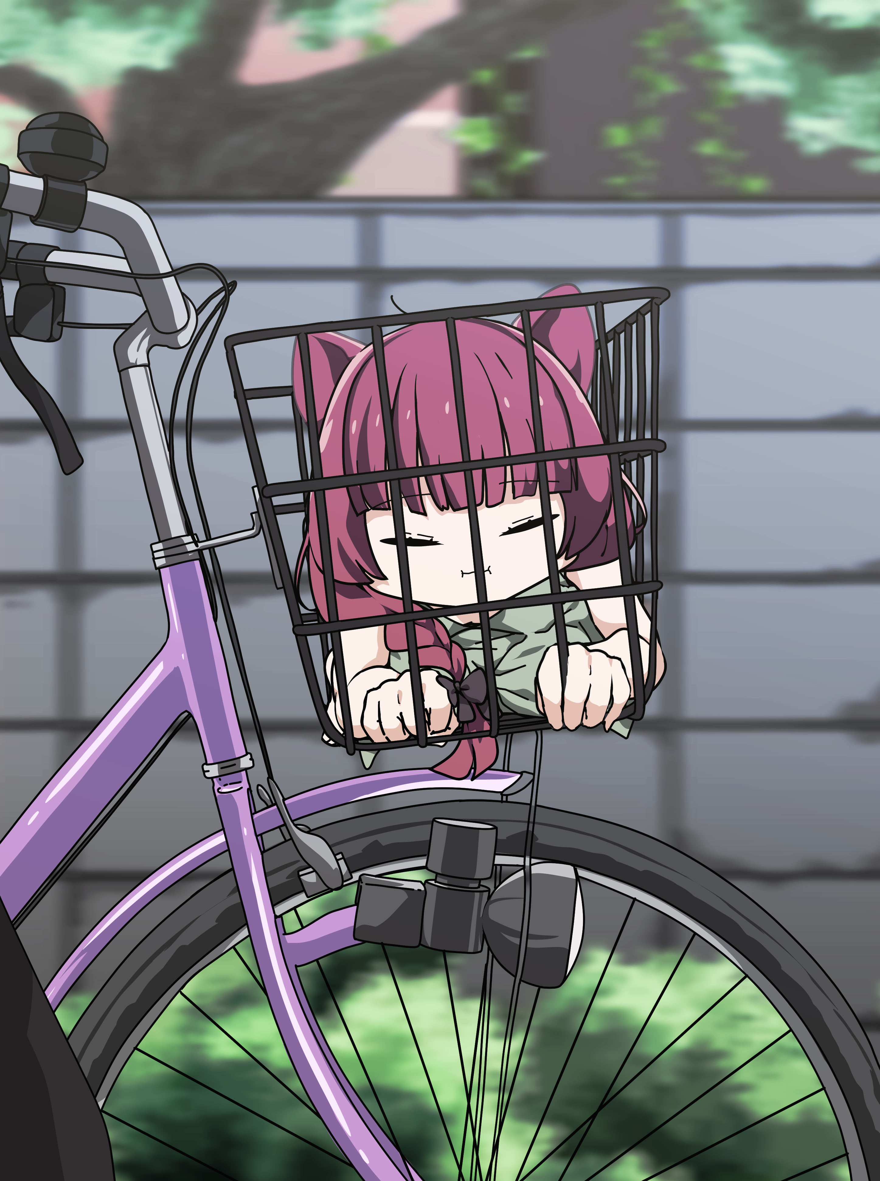 goumonsha, hiroi kikuri, bocchi the rock!, absurdres, highres, 2girls, :i, animal ears, bicycle, bicycle basket, blurry, blurry background, bow, braid, bush, cat ears, chibi, closed eyes, dress, hair bow, hair over shoulder, in container, kemonomimi mode, multiple girls, outdoors, purple hair, single braid, tree