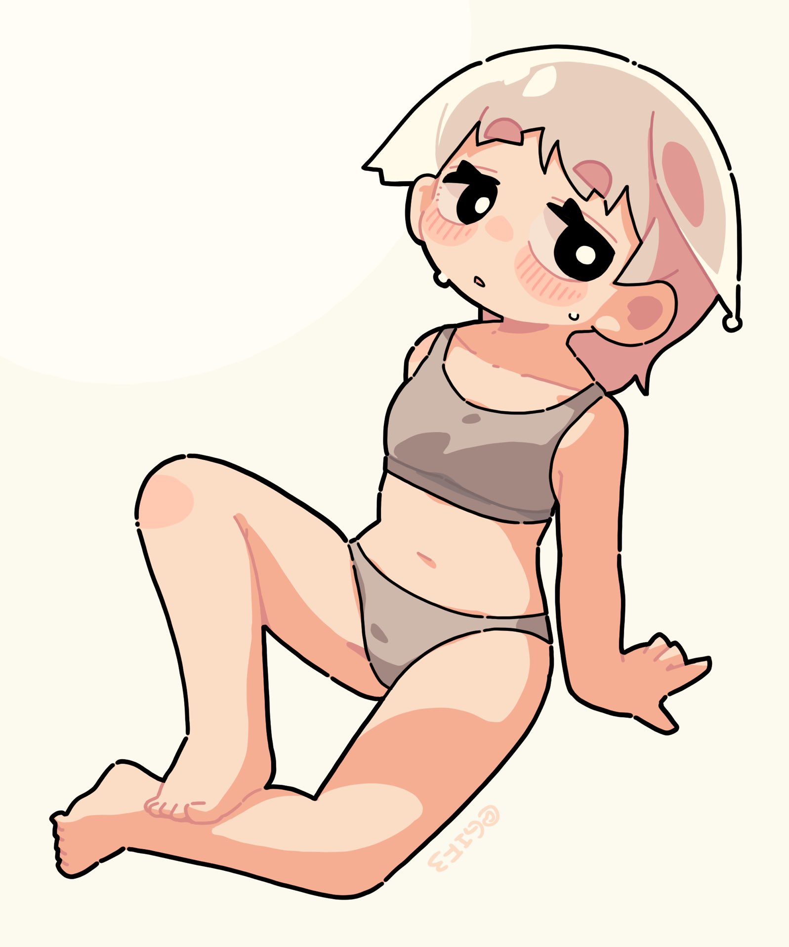 ugif, original, commentary, highres, symbol-only commentary, 1girl, arm support, barefoot, black eyes, blush, bright pupils, chibi, grey panties, grey sports bra, hair ears, hot, looking at viewer, navel, panties, parted lips, simple background, sitting, solo, sports bra, sweat, twitter username, underwear, white background, white hair, white pupils
