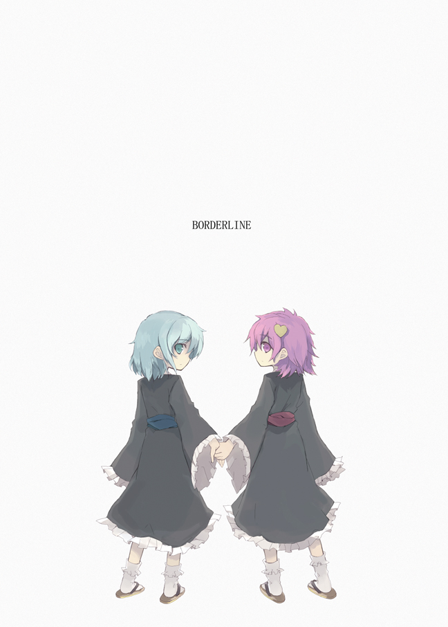 kagami mitsuki, komeiji koishi, komeiji satori, touhou, 2girls, aged down, child, english text, female focus, full body, holding hands, multiple girls, sandals, siblings, simple background, sisters, socks, standing, white background, zouri