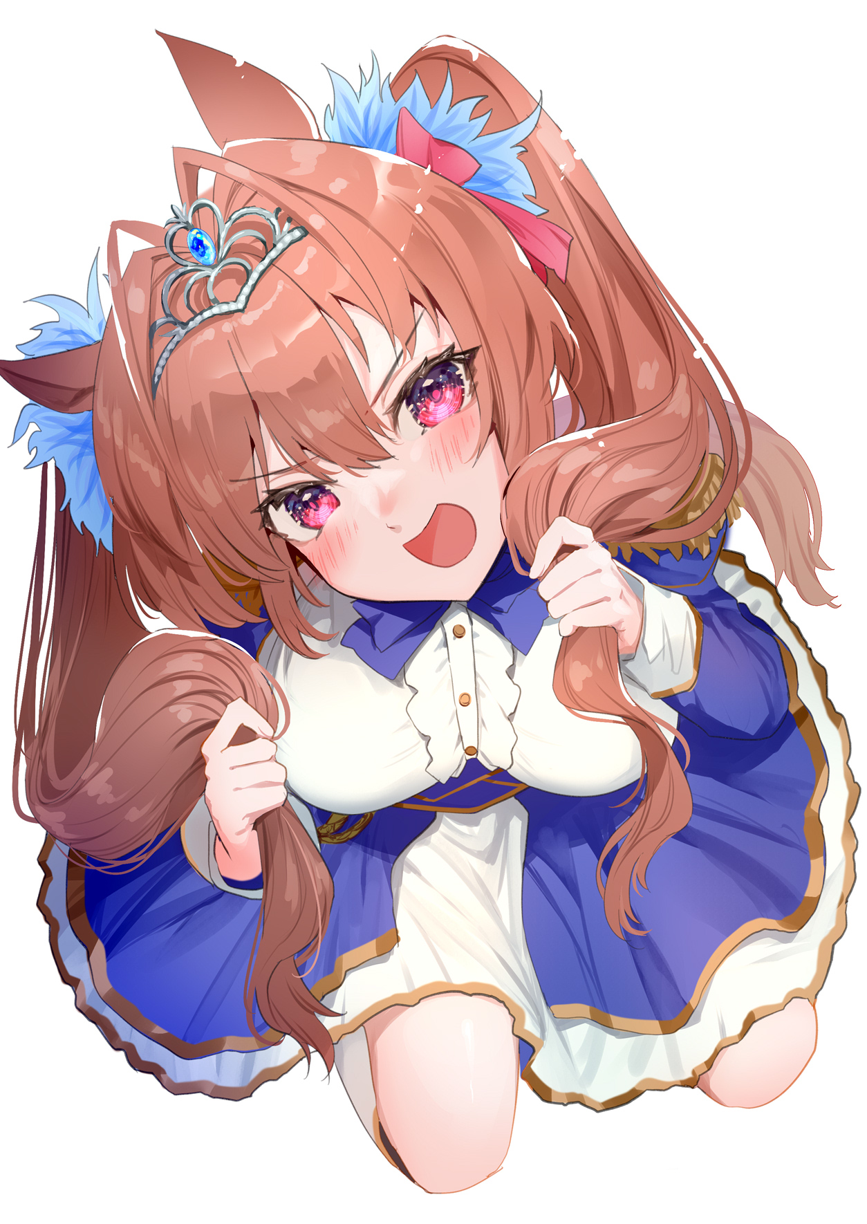 negimapurinn, daiwa scarlet (peak blue) (umamusume), daiwa scarlet (umamusume), umamusume, commentary request, highres, 1girl, animal ears, blue bow, bow, brown hair, center frills, fingernails, frills, hair ribbon, holding, holding own hair, horse ears, horse girl, long sleeves, looking at viewer, red eyes, red ribbon, ribbon, simple background, tiara, twintails, white background