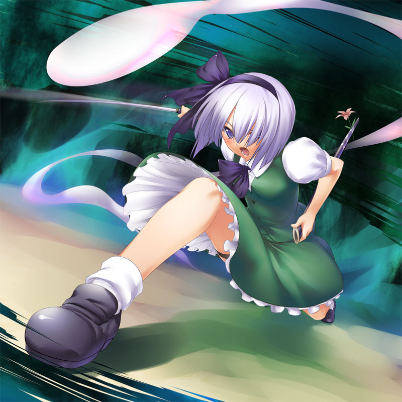 47agdragon, konpaku youmu, konpaku youmu (ghost), touhou, 1girl, female focus, foreshortening, hair over one eye, hitodama, katana, ribbon, scabbard, sheath, short hair, skirt, solo, sword, thigh strap, weapon, white hair