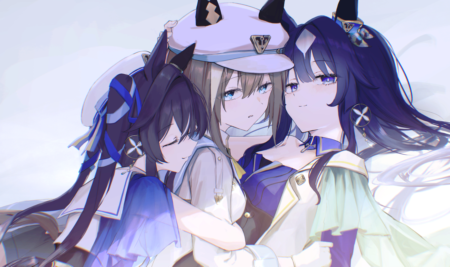 seikatsu, cheval grand (grand itineraire) (umamusume), cheval grand (umamusume), verxina (le beau sommet) (umamusume), verxina (umamusume), vivlos (umamusume), vivlos (voyage etincelant) (umamusume), umamusume, highres, 3girls, animal ears, asymmetrical clothes, black hair, blue eyes, blue hair, brown hair, closed eyes, closed mouth, from side, hair between eyes, hat, horse ears, horse girl, hug, hug from behind, long hair, looking at viewer, multiple girls, open mouth, peaked cap, purple eyes, short hair, siblings, single bare shoulder, sisters, smile, two side up, v sisters, white hair, white hat, white streaks