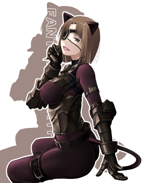 mr.romance, fantasy earth zero, 1girl, animal ears, armor, belt, bodysuit, breasts, brown eyes, brown hair, cat ears, cat tail, catsuit, covered erect nipples, eyepatch, female focus, gauntlets, large breasts, leather, lipstick, makeup, short hair, solo, tail, thigh strap