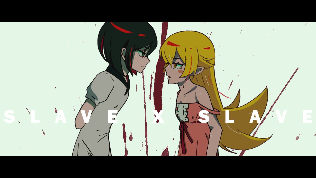sonikkusupin, oshino shinobu, yamiguchi houko, monogatari (series), zaregoto series, arms at sides, arms behind back, black border, black hair, blonde hair, blood, blood splatter, blush stickers, bob cut, border, center frills, closed mouth, collarbone, collared dress, crossover, dress, english text, eye contact, flat chest, flipped hair, frills, from side, frown, hair between eyes, hair flaps, jitome, letterboxed, long hair, looking at another, medium hair, multicolored hair, narrowed eyes, parted lips, pink dress, pointy ears, profile, puffy short sleeves, puffy sleeves, red eyes, red ribbon, ribbon, ribbon-trimmed dress, ribbon trim, short sleeves, sidelocks, sleeveless, sleeveless dress, splatter, strap slip, streaked hair, sundress, two-tone hair, upper body, very long hair, white background, white dress, yellow eyes