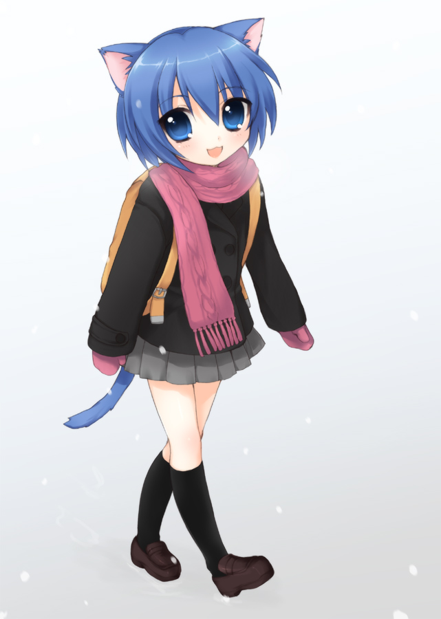 usashiro mani, onka, original, bad id, bad pixiv id, 1girl, :3, :d, animal ears, backpack, bag, black socks, blue eyes, blue hair, blush, cat ears, cat tail, coat, female focus, kneehighs, loafers, matching hair/eyes, mittens, open mouth, pink scarf, randoseru, scarf, shoes, short hair, skirt, smile, snow, socks, solo, tail