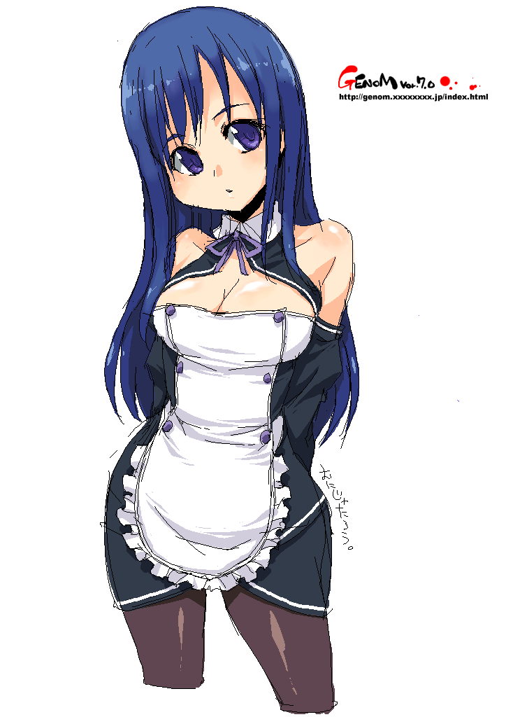 onija tarou, reika (dream c club), dream c club, dream c club (series), 1girl, bare shoulders, blue eyes, blue hair, breasts, cleavage, female focus, large breasts, maid, matching hair/eyes, oekaki, pantyhose, ribbon, simple background, solo, white background
