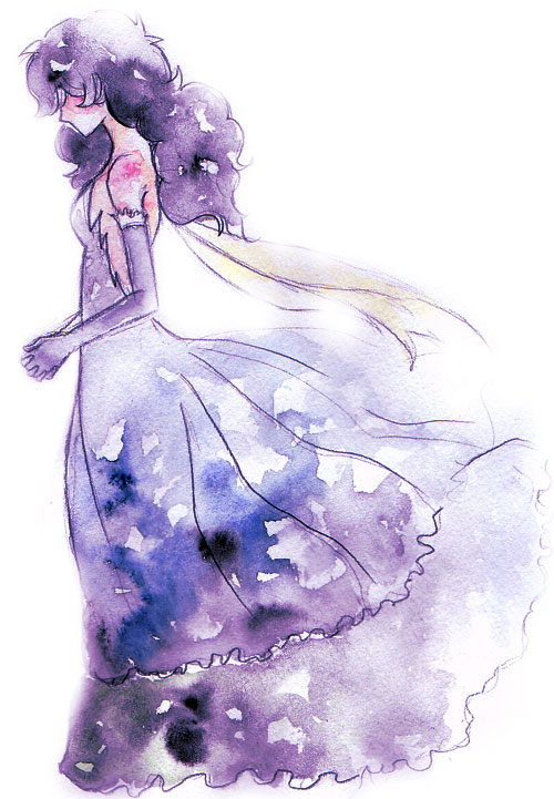 rue (princess tutu), princess tutu, painting (medium), traditional media, watercolor (medium), 00s, 1girl, dress, elbow gloves, female focus, from side, full body, gloves, interlocked fingers, own hands together, simple background, solo, white background