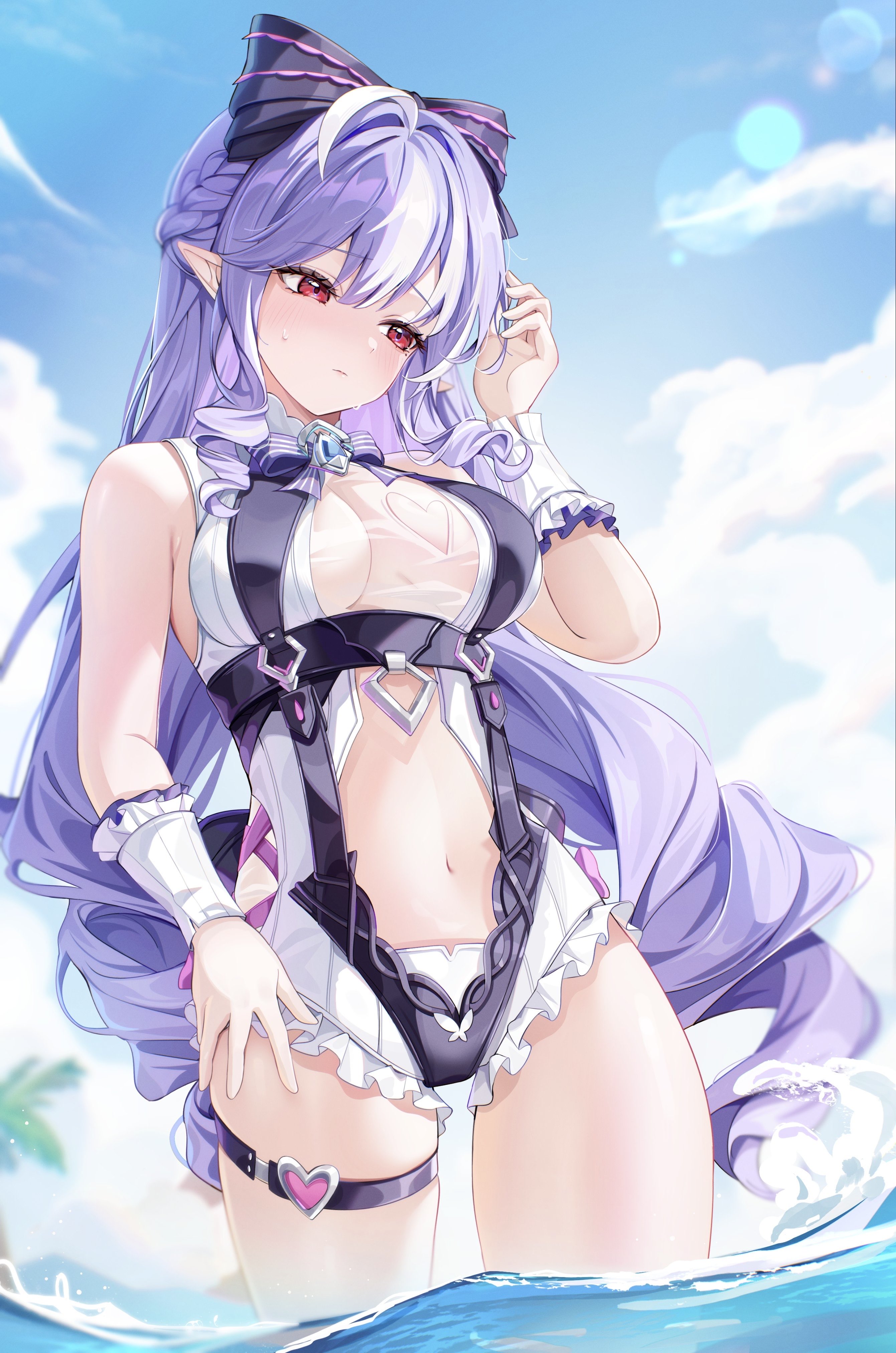 aida noa, vivian banshee, vivian banshee (iris of the shore), zenless zone zero, absurdres, commentary request, highres, 1girl, ahoge, bare shoulders, blue sky, blush, bow, bowtie, braid, breasts, casual one-piece swimsuit, cleavage, closed mouth, clothing cutout, day, drill hair, frilled one-piece swimsuit, frilled wrist cuffs, frills, hair bow, half up braid, hand up, heart cutout, large breasts, long hair, looking down, mole, mole under eye, multicolored hair, navel, official alternate costume, one-piece swimsuit, outdoors, pointy ears, purple bow, purple bowtie, purple hair, red eyes, sidelocks, sky, solo, stomach, stomach cutout, streaked hair, swimsuit, thigh strap, two-tone one-piece swimsuit, very long hair, wading, white one-piece swimsuit, wrist cuffs