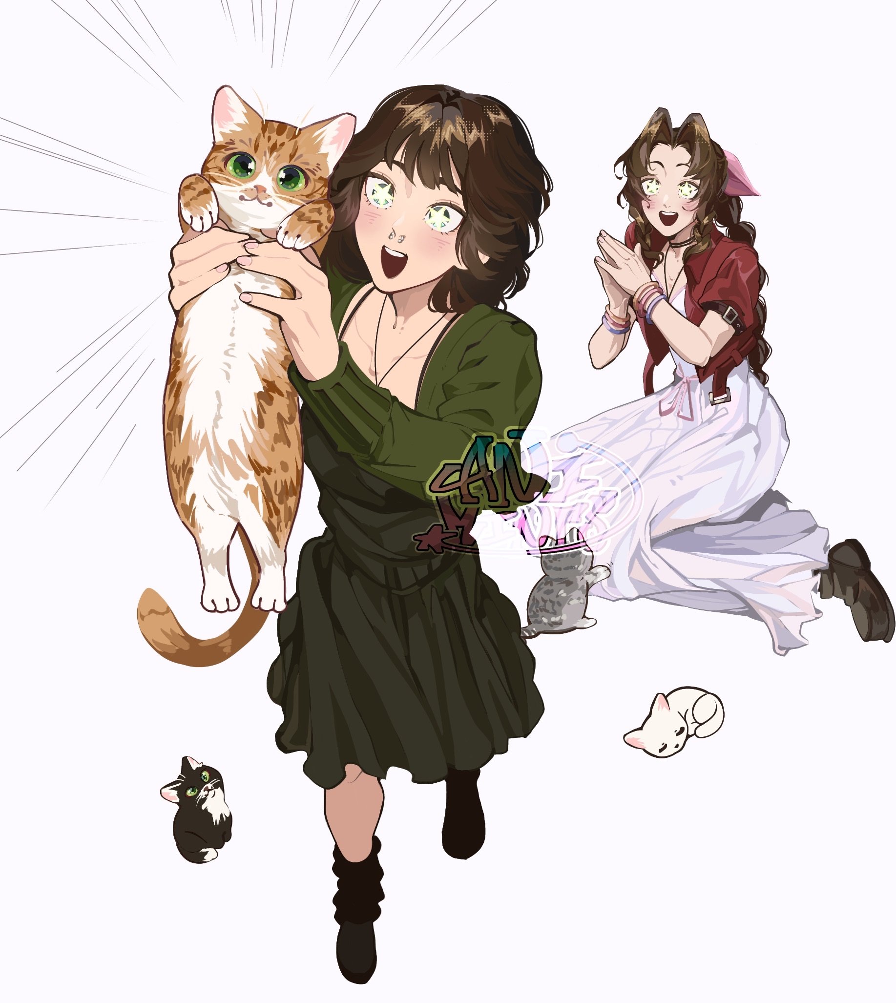 animints art, tuxedo cat, aerith gainsborough, final fantasy, final fantasy vii, final fantasy vii remake, original, real life, commission, highres, 2girls, animal, bangle, black boots, black choker, boots, bracelet, braid, braided ponytail, brown boots, brown hair, cat, choker, cropped jacket, dress, full body, green dress, green eyes, hair ribbon, holding, holding animal, holding cat, jacket, jewelry, kneeling, light blush, long dress, long sleeves, medium hair, multiple girls, necklace, open mouth, orange cat, own hands together, parted bangs, pink dress, pink ribbon, puffy short sleeves, puffy sleeves, red jacket, ribbon, short sleeves, sidelocks, smile, sparkling eyes, white background, white cat
