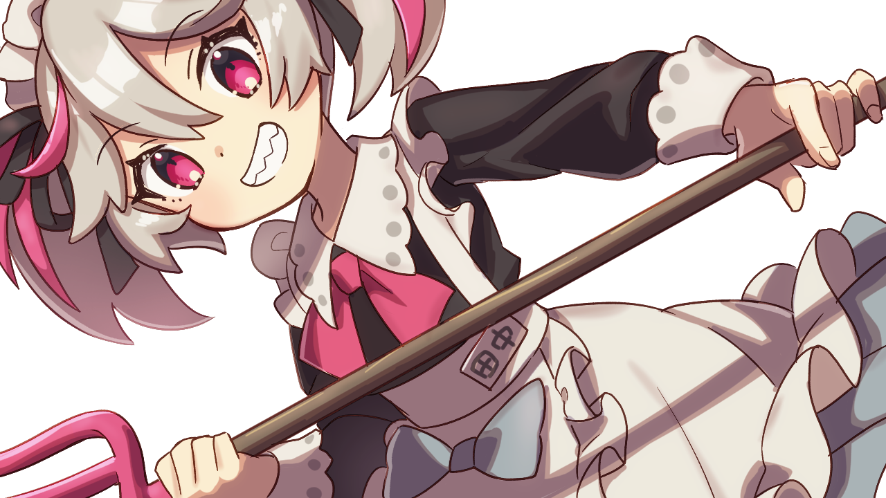 shuu (syuuuuuuuuuu), original, commentary request, 1girl, :d, apron, black dress, black ribbon, cowboy shot, double-parted bangs, dress, grey hair, grin, hair between eyes, hair ribbon, holding, holding polearm, holding weapon, long sleeves, looking at viewer, multicolored hair, neck ribbon, open mouth, pink eyes, pink hair, pink ribbon, polearm, ribbon, sharp teeth, short hair, simple background, smile, solo, streaked hair, teeth, trident, two-tone hair, weapon, white apron, white background