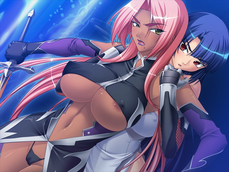kagami hirotaka, ingrid (taimanin asagi), ingrid (taimanin murasaki), yatsu murasaki, taimanin (series), taimanin asagi, taimanin murasaki, game cg, >:o, 00s, 2girls, :o, angry, areola slip, armpits, bare shoulders, black panties, blue hair, blunt bangs, breasts, cameltoe, covered erect nipples, cowboy shot, dark-skinned female, dark skin, dress, dutch angle, elbow gloves, eye contact, fishnets, g-string, gloves, grabbing from behind, groin, hair intakes, halterneck, hands on another's shoulders, holding, holding sword, holding weapon, huge breasts, indoors, large breasts, lipstick, long hair, looking at another, makeup, mole, mole under mouth, multiple girls, navel, ninja, no bra, outstretched arms, panties, parted bangs, pelvic curtain, pink hair, purple lips, red eyes, restrained, revealing clothes, short dress, spread arms, standing, string panties, surprised, sword, thick eyebrows, thong, turtleneck, underboob, underwear, v-shaped eyebrows, very long hair, weapon, yellow eyes