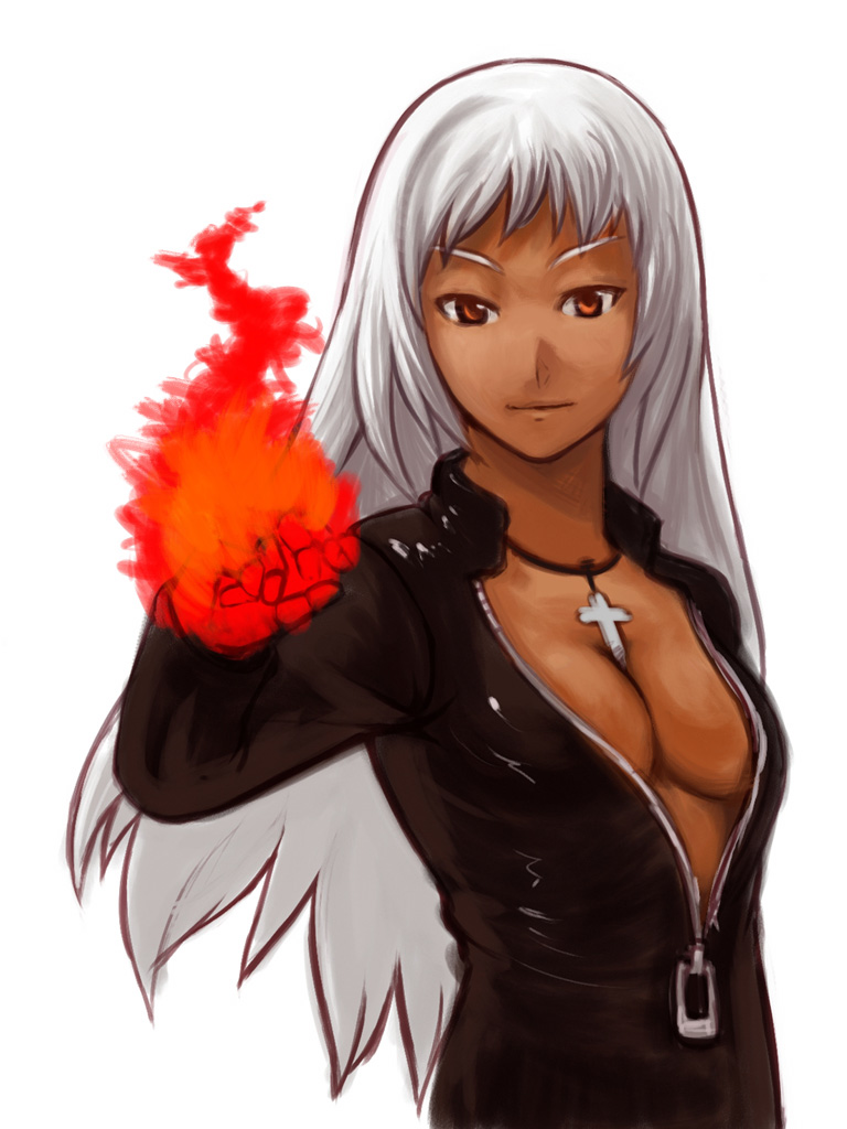 k' (kof), snk, the king of fighters, silver hair, gender request, breasts, brown eyes, cleavage, fire, genderswap, long hair