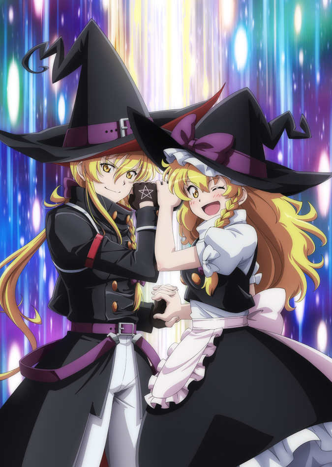lunamoon, kirisame marisa, the memories of phantasm, touhou, commentary request, 2girls, ;d, aged up, apron, belt, black coat, black gloves, black hat, black skirt, black vest, blonde hair, blue background, bow, braid, coat, cowboy shot, danmaku, dual persona, fingerless gloves, gloves, green background, hair between eyes, hat, hat bow, holding hands, interlocked fingers, long hair, looking at viewer, multiple girls, one eye closed, open mouth, pants, pentagram, puffy short sleeves, puffy sleeves, purple background, purple belt, purple bow, shirt, short sleeves, side braid, single braid, skirt, smile, time paradox, vest, waist apron, white apron, white pants, white shirt, witch hat, yellow eyes