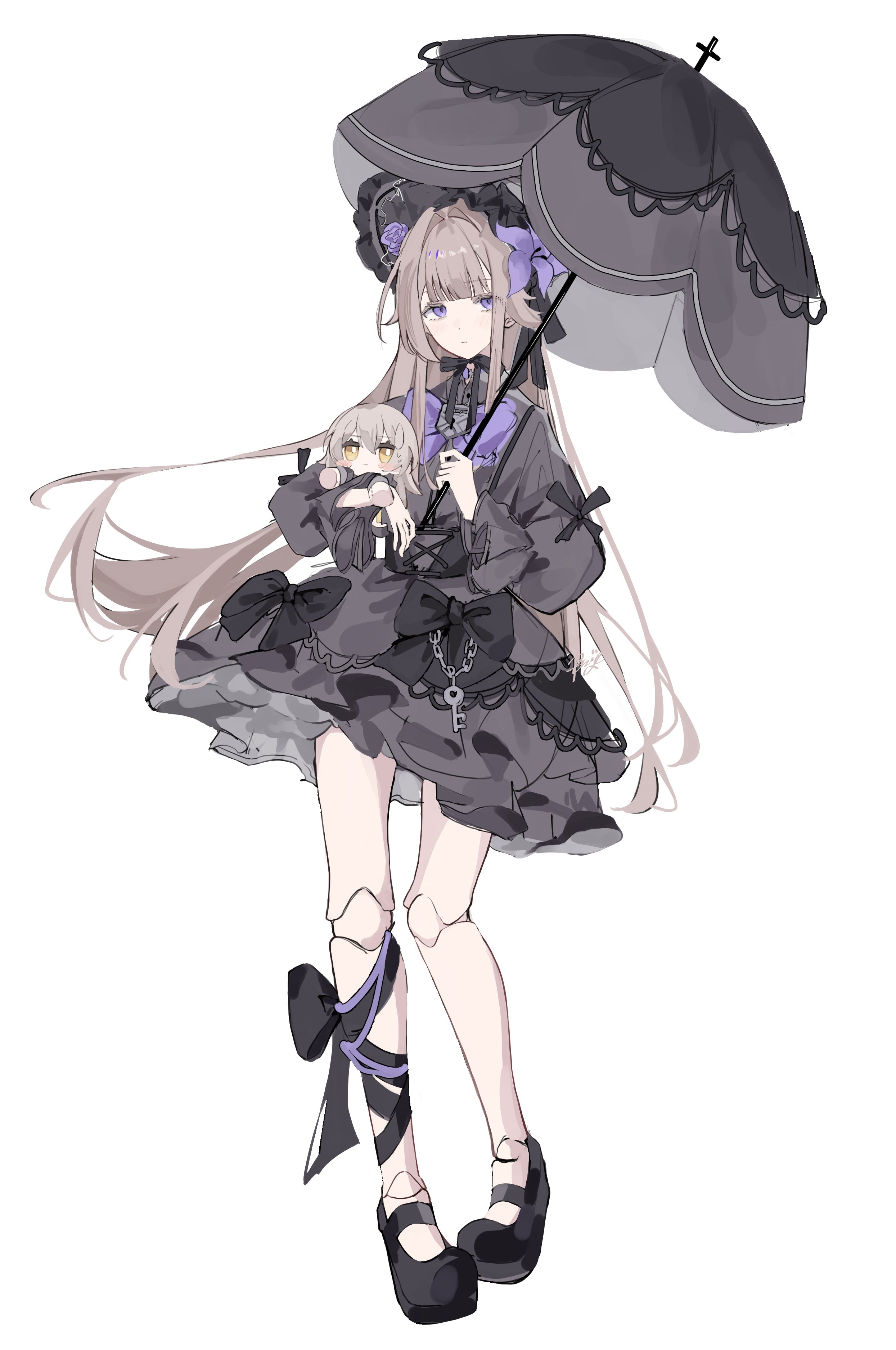 ren (renjiyu), herta (honkai: star rail), herta (puppet) (honkai: star rail), stelle (honkai: star rail), trailblazer (honkai: star rail), honkai: star rail, honkai (series), absurdres, commentary request, highres, 1girl, black bonnet, black bow, black ribbon, black shoes, black umbrella, blunt bangs, bonnet, bow, brown hair, character doll, closed mouth, cross, doll, doll joints, dress, expressionless, flower, frilled bonnet, frills, full body, gothic lolita, grey dress, holding, holding doll, holding umbrella, joints, key, lolita fashion, long hair, looking to the side, mary janes, objectification, purple bow, purple eyes, purple flower, ribbon, shoes, sidelocks, simple background, standing, umbrella, very long hair, white background