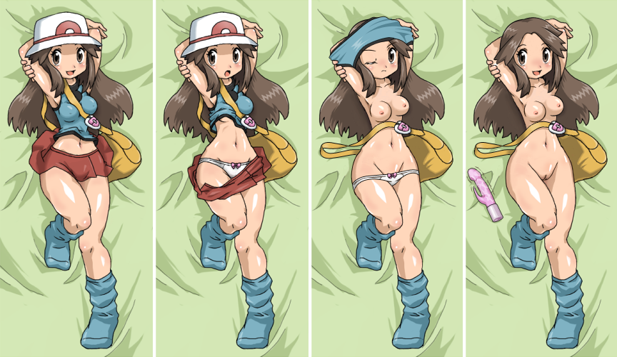 hun (uyonis), green (pokemon), nintendo, pokemon, 1girl, armpits, blush, brown hair, cleft of venus, clothes lift, dakimakura (medium), dildo, knees together feet apart, lying, one eye closed, panties, pussy, sex toy, shirt lift, socks, uncensored, underwear, undressing, vibrator, white panties, wink
