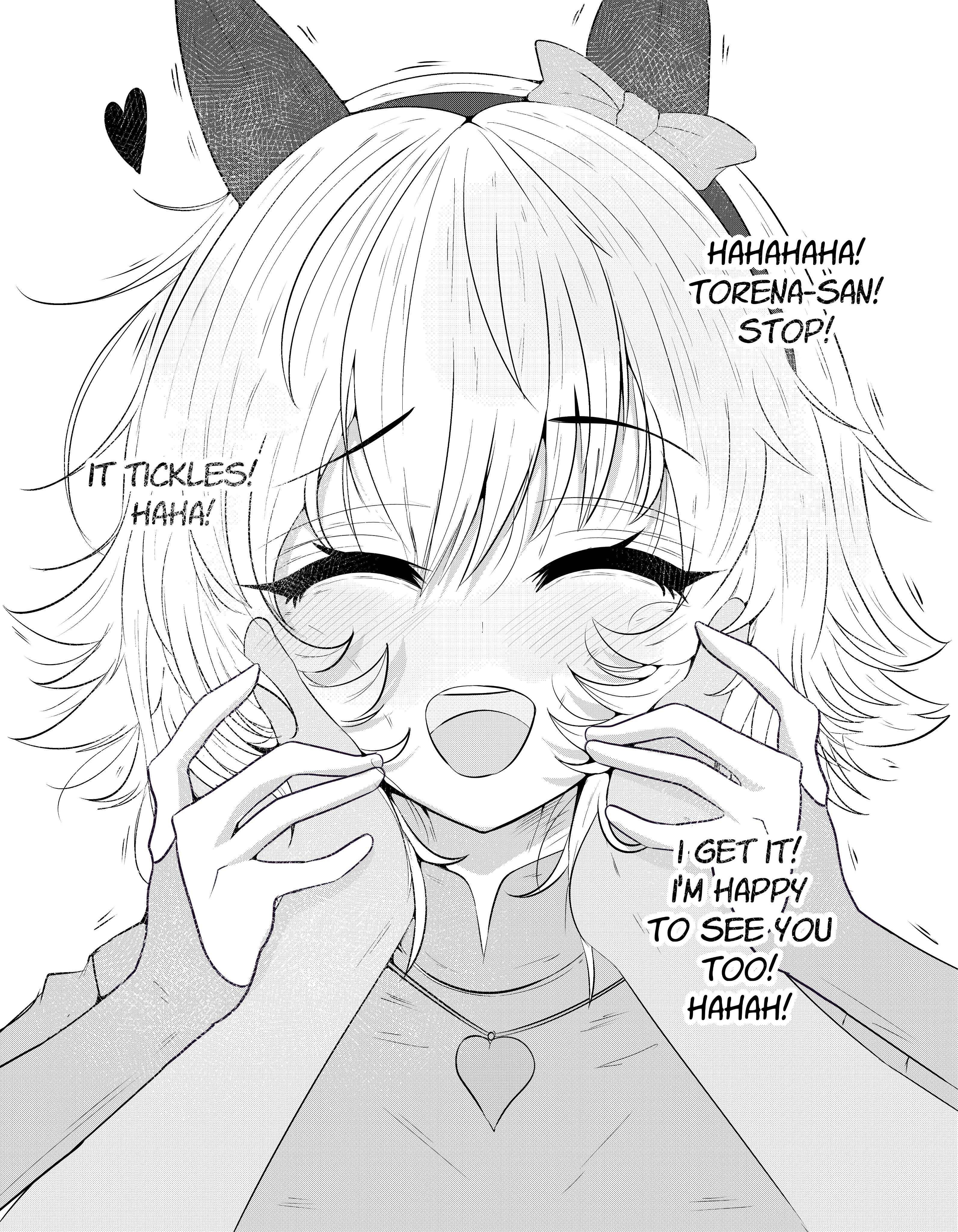mayoa, curren chan (umamusume), umamusume, absurdres, commentary, english commentary, highres, 1girl, animal ears, blush, choppy bangs, closed eyes, english text, facing viewer, greyscale, hands on another's cheeks, hands on another's face, hands on another's hands, happy, heart, horse ears, horse girl, monochrome, open mouth, pov, pov hands, short hair, simple background, smile, solo focus, talking, upper body, white background
