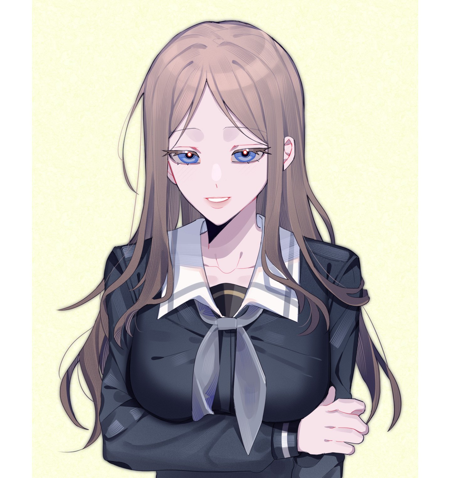 nanamirin5, nagasaki soyo, bang dream!, bang dream! it's mygo!!!!!, commentary, highres, symbol-only commentary, 1girl, blue eyes, blue shirt, border, breasts, brown hair, grey neckerchief, holding own arm, large breasts, letterboxed, long hair, looking at viewer, neckerchief, school uniform, shirt, sidelocks, simple background, solo, tsukinomori school uniform, upper body, white border, yellow background