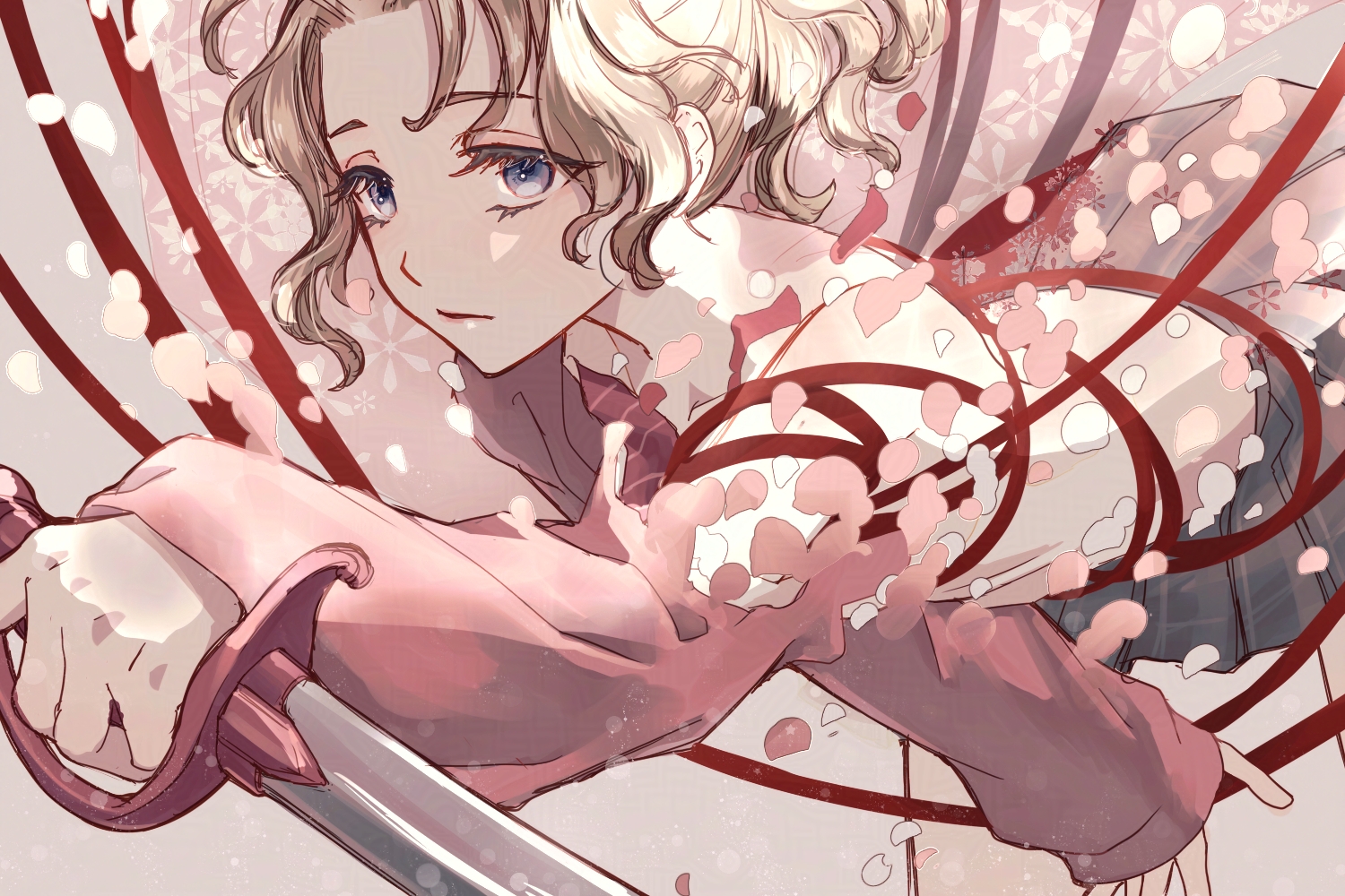 ren mizuha, tina branford, dissidia final fantasy, final fantasy, final fantasy vi, 1girl, blonde hair, blue eyes, cardigan, closed mouth, dissidia duellum final fantasy, falling petals, grey skirt, holding, holding sword, holding weapon, leaning forward, official alternate costume, parted bangs, petals, pink cardigan, pink petals, pleated skirt, ponytail, red ribbon, ribbon, skirt, solo, sword, transformation, upper body, wavy hair, weapon