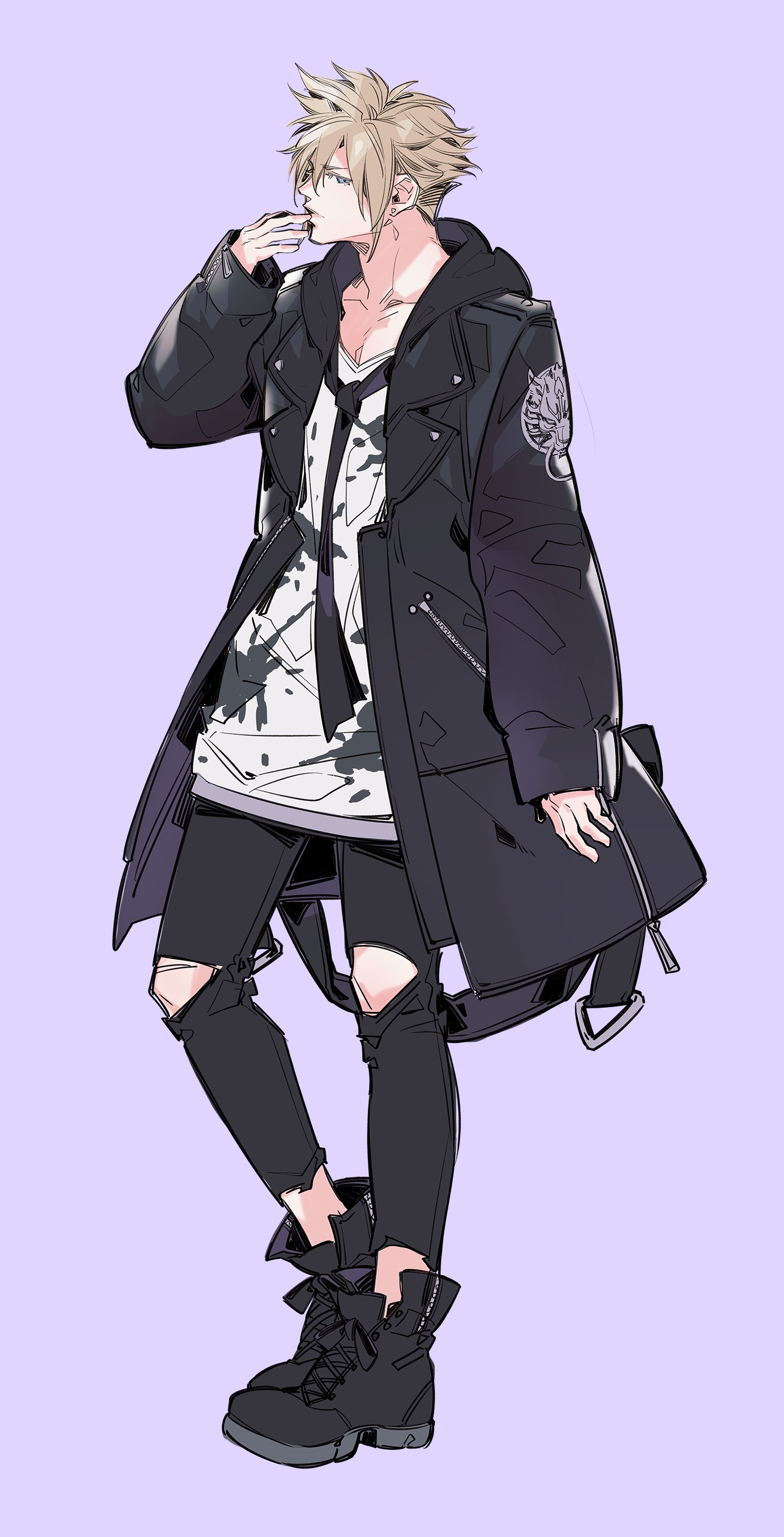 chocobobun, cloud strife, fenrir (final fantasy), dissidia final fantasy, final fantasy, final fantasy vii, absurdres, highres, 1boy, black boots, black coat, black necktie, black pants, blonde hair, boots, coat, dissidia duellum final fantasy, full body, hair between eyes, hand to own mouth, hood, hood down, hooded coat, long coat, long shirt, loose necktie, male focus, necktie, official alternate costume, pants, print shirt, purple background, shirt, short hair, solo, spiked hair, standing, torn clothes, torn pants, white shirt