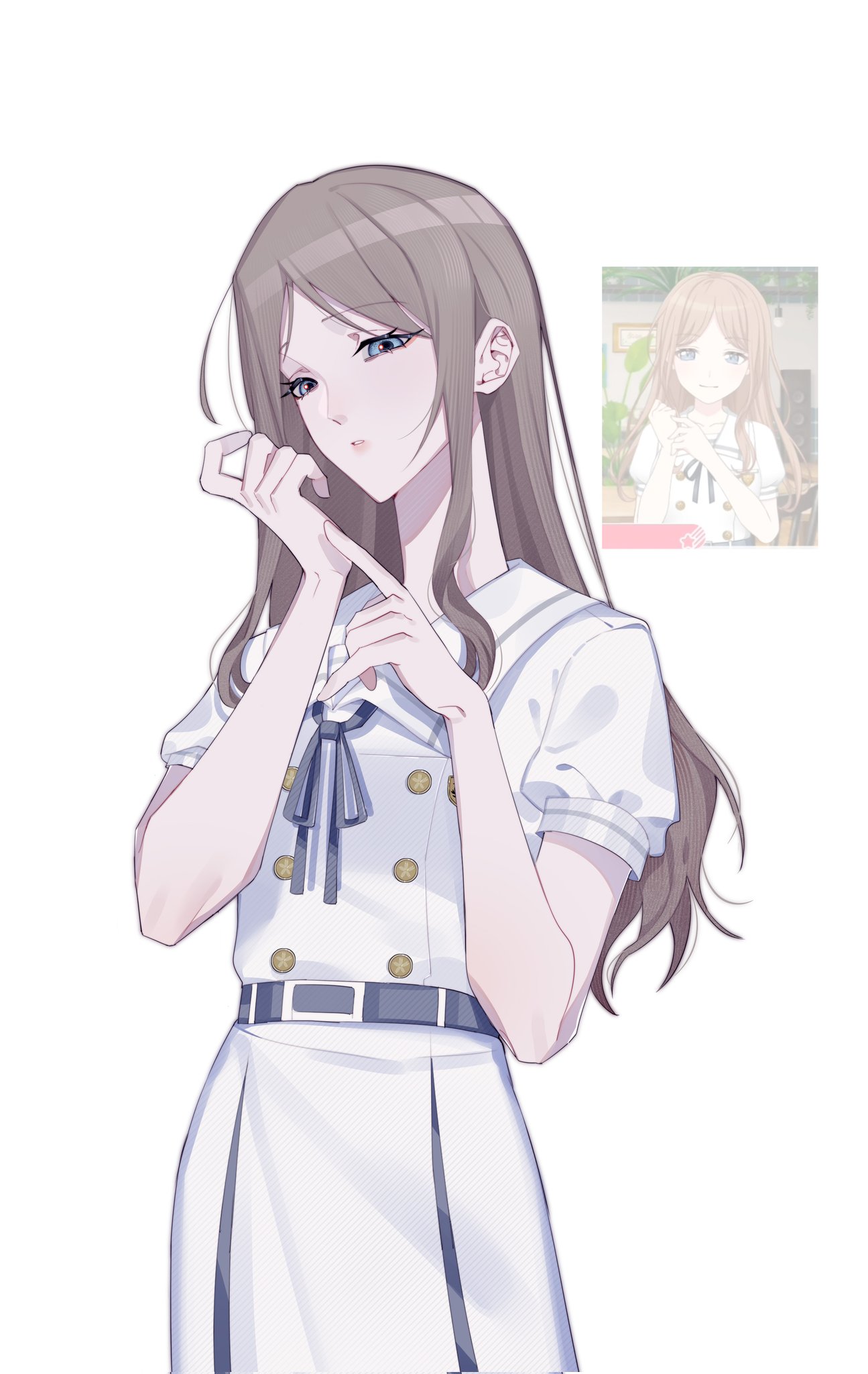nanamirin5, nagasaki soyo, bang dream!, bang dream! it's mygo!!!!!, highres, 1girl, belt, blue belt, blue eyes, blue ribbon, brown hair, dress, hand up, long hair, looking at viewer, neck ribbon, parted lips, reference inset, ribbon, short hair, short sleeves, sidelocks, simple background, solo, white background, white dress