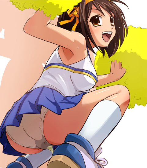 haruyama kazunori, suzumiya haruhi, suzumiya haruhi no yuuutsu, tagme, 00s, 1girl, happy, open mouth, panties, peeing, peeing self, pom pom (cheerleading), socks, stained panties, underwear, upskirt, wet, wet clothes, wet panties, white panties, white socks