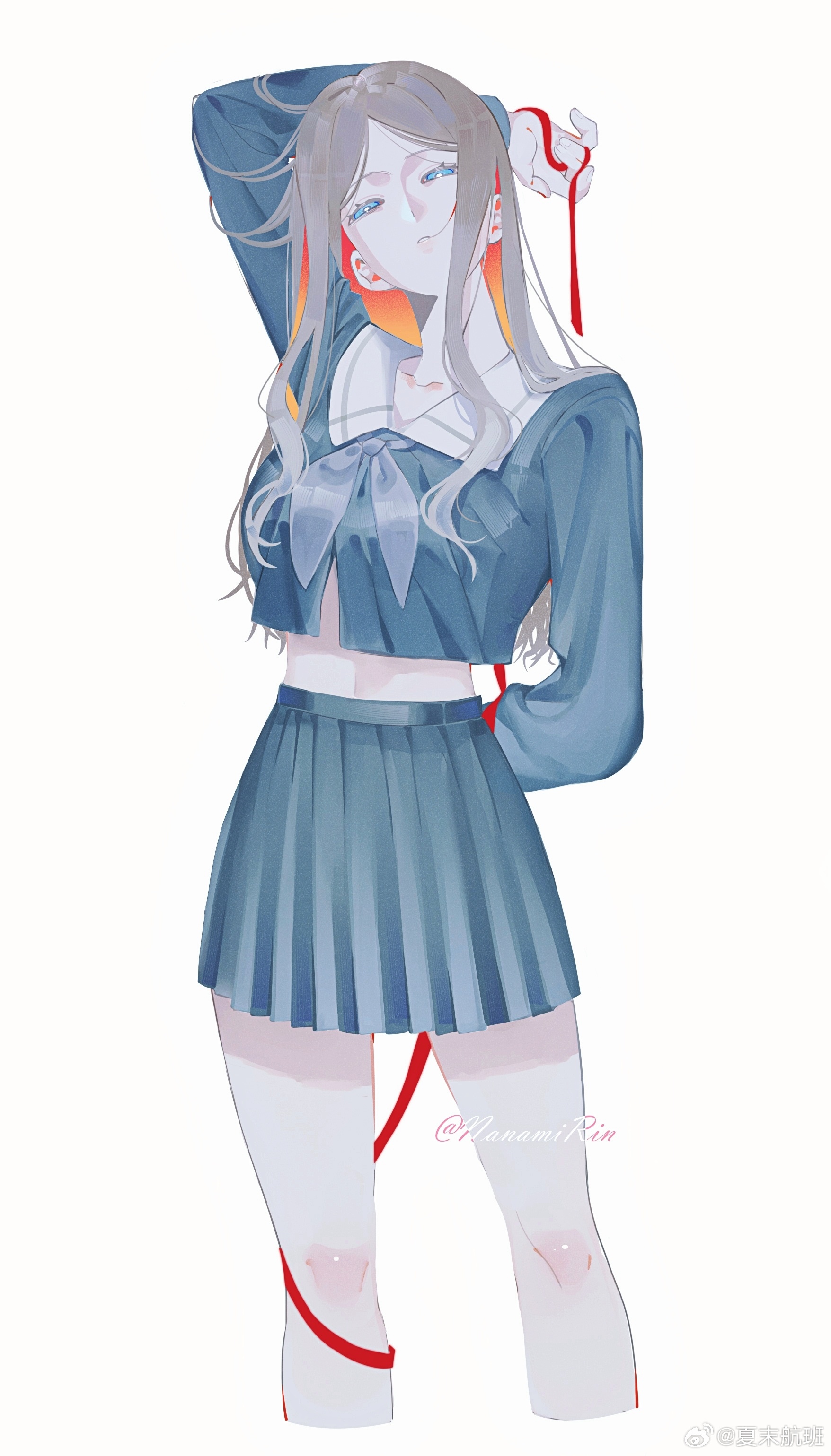 nanamirin5, nagasaki soyo, bang dream!, bang dream! it's mygo!!!!!, absurdres, chinese commentary, commentary request, highres, 1girl, arm up, blue eyes, blue shirt, blue skirt, brown hair, colored inner hair, grey neckerchief, long sleeves, looking at viewer, loose hair strand, midriff, multicolored hair, navel, neckerchief, orange hair, pleated skirt, shirt, sidelocks, simple background, skirt, solo, white background