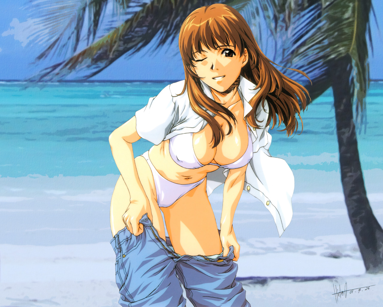 horibe hiderou, non-web source, 1girl, beach, bikini, breasts, brown eyes, brown hair, cleavage, covered erect nipples, day, denim, female focus, jeans, large breasts, leaning forward, long hair, one eye closed, open clothes, open shirt, outdoors, palm tree, pants, shirt, solo, swimsuit, tree, unbuttoned, undressing, unzipped, wink
