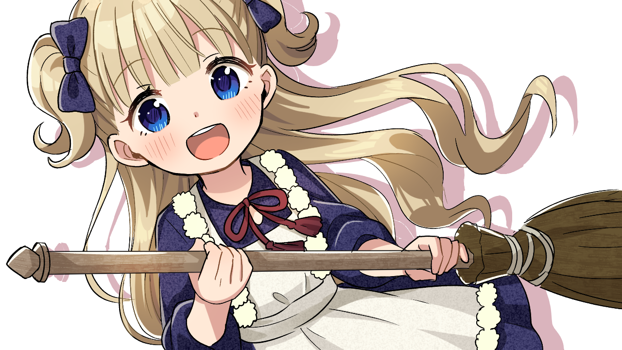 shuu (syuuuuuuuuuu), emilico (shadows house), shadows house, commentary request, 1girl, :d, apron, blonde hair, blue bow, blue dress, blue eyes, blunt bangs, blush, bow, broom, dress, drop shadow, hair bow, holding, holding broom, long hair, looking at viewer, maid, neck ribbon, open mouth, red ribbon, ribbon, short sleeves, simple background, smile, solo, two side up, upper body, white apron, white background