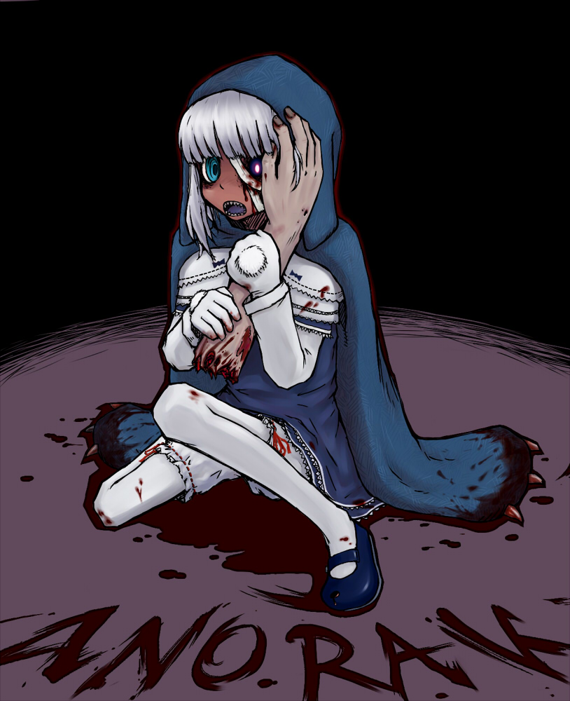 ozka, anorak, original, 1girl, bandage over one eye, bandages, blood, dark-skinned female, dark skin, female focus, gloves, pantyhose, severed hand, solo, zombie