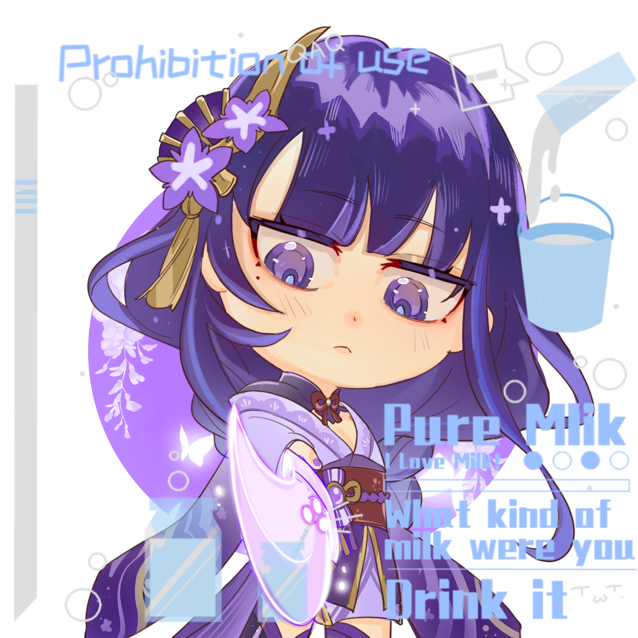 nihaowojiaoshanghetu, raiden shogun, genshin impact, chinese commentary, highres, 1girl, blue pupils, blunt bangs, braid, bridal gauntlets, chibi, chibi only, closed mouth, english text, fan hair ornament, flower, flower ornament, hair ornament, holding, holding sword, holding weapon, japanese clothes, katana, kimono, light blush, long braid, long hair, long sleeves, looking down, looking to the side, mitsudomoe (shape), mole, mole under eye, multicolored eyes, multicolored hair, musou isshin (genshin impact), neck ribbon, off shoulder, purple eyes, purple flower, purple hair, purple kimono, purple nails, reaching, reaching towards viewer, red ribbon, red sash, ribbon, sash, shade, single braid, solo, standing, streaked hair, sword, thighhighs, tomoe (symbol), upper body, weapon, wide sleeves