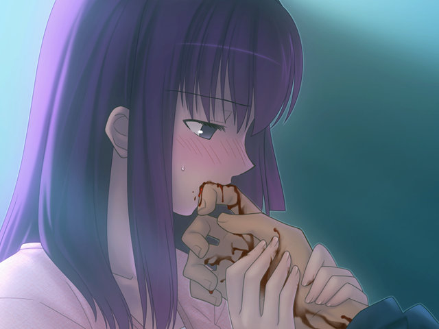 emiya shirou, matou sakura, fate/stay night, fate (series), type-moon, game cg, 00s, 1boy, 1girl, biting, bleeding, blood, blush, injury, purple eyes, purple hair