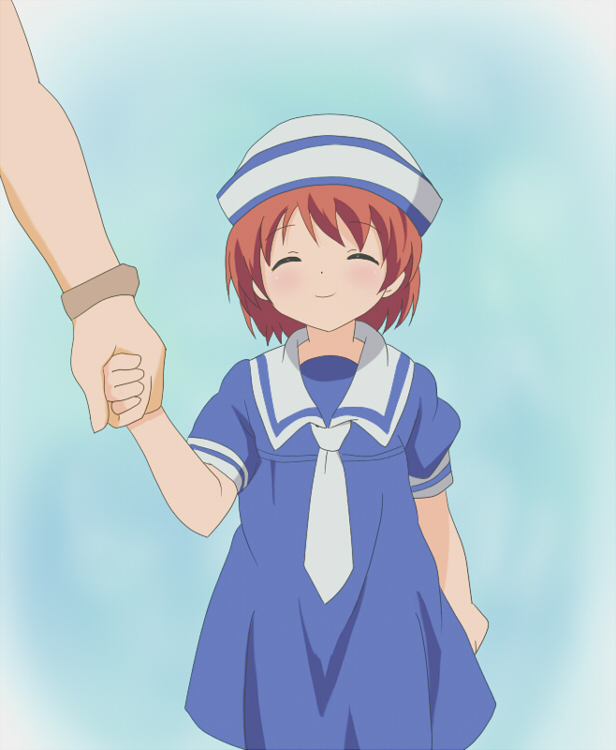 miracle (miracle1980), okazaki ushio, clannad, 00s, 1girl, ascot, brown hair, dixie cup hat, dress, hat, holding hands, military hat, sailor, sailor collar, sailor dress, short hair, smile, solo focus