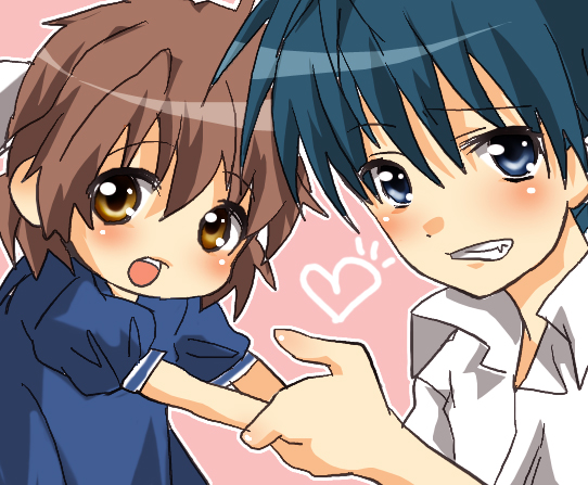 shouno kotarou, okazaki tomoya, okazaki ushio, clannad, bad id, bad pixiv id, 00s, age difference, blue eyes, blue hair, brown eyes, brown hair, child, father and daughter, sailor, short hair