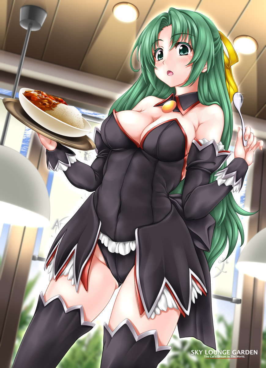 sonozaki shion, higurashi no naku koro ni, highres, 1girl, angel mort, black leotard, breasts, cleavage, curry, curry rice, food, green hair, leotard, rice, waitress