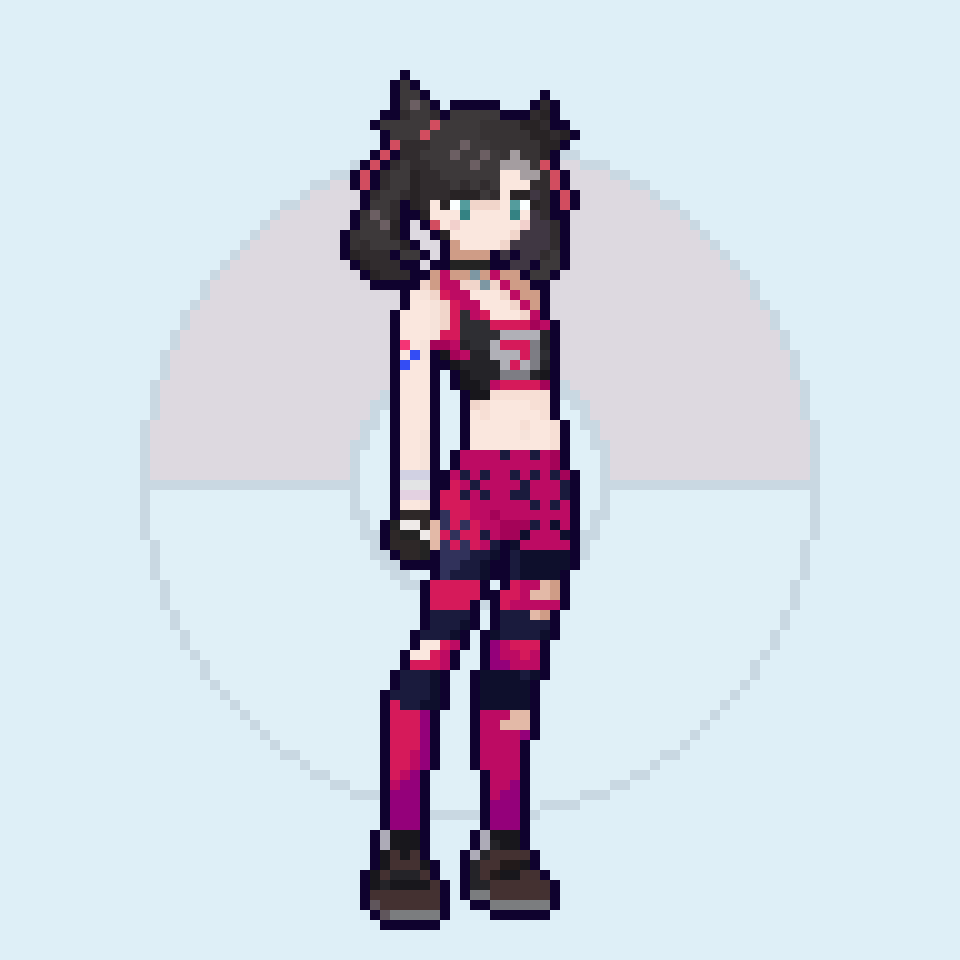 castlebear, marnie (pokemon), nintendo, pokemon, pokemon swsh, 1girl, arm tattoo, black choker, black gloves, black hair, choker, earrings, full body, gloves, green eyes, hair ribbon, jewelry, official alternate costume, pants, pixel art, ribbon, shoes, solo, sports bra, standing, tattoo, torn clothes, torn pants, twintails
