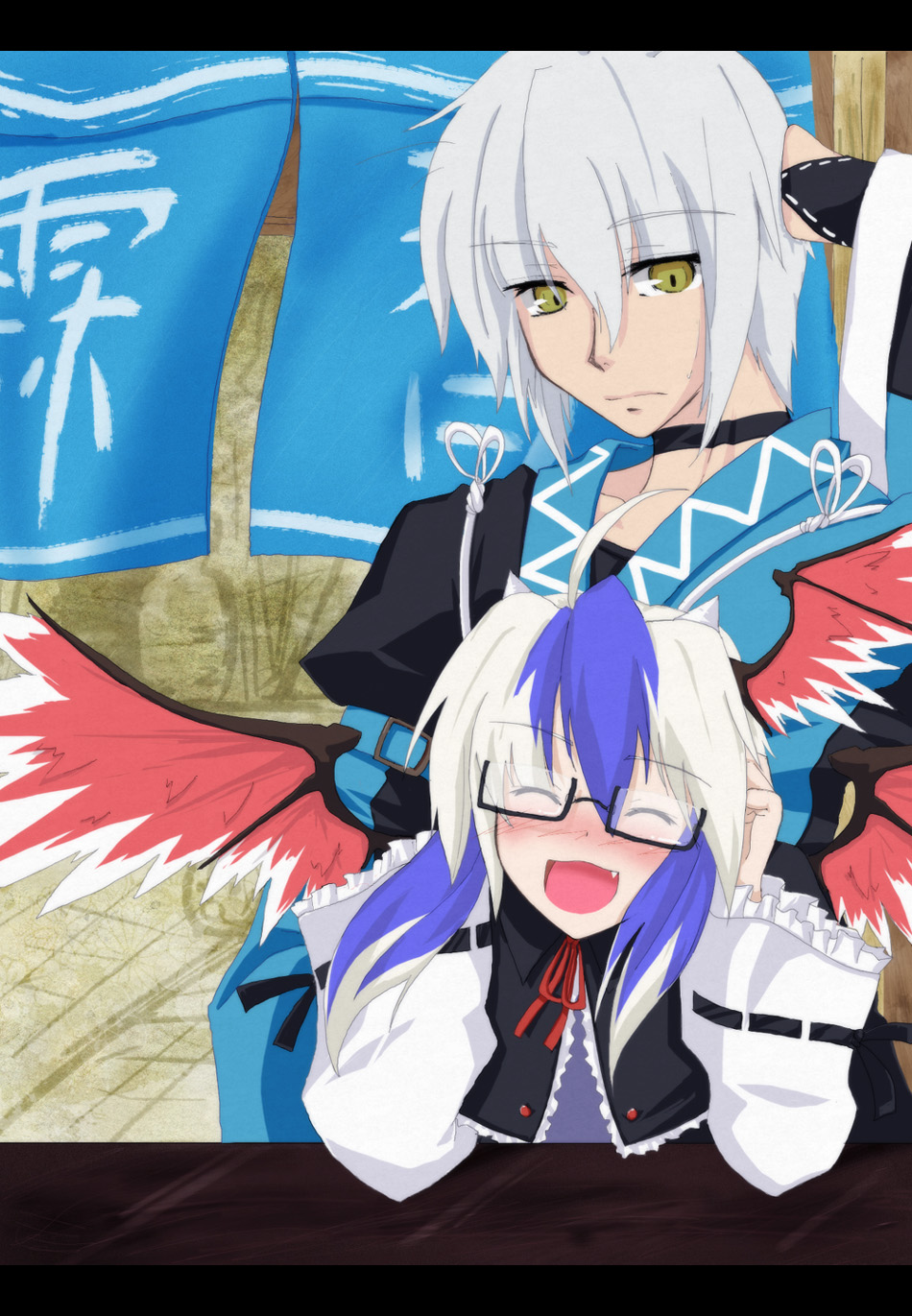auer, morichika rinnosuke, tokiko (touhou), curiosities of lotus asia, touhou, bad id, bad pixiv id, highres, 1boy, 1girl, bespectacled, borrowed clothes, eyewear switch, fang, glasses, head wings, multicolored hair, no eyewear, unworn eyewear, wings