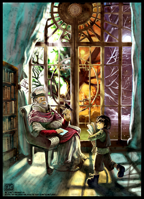 sibyl, original, black footwear, white headwear, 2boys, beard, bird, black hair, book, bookshelf, boots, chair, child, facial hair, glasses, green shirt, grey hair, hand up, hat, holding, long sleeves, male focus, multiple boys, old, old man, seasons, shirt, shorts, sitting, snow, standing, tree, vest, walking, window