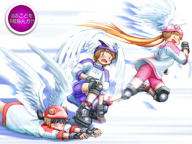 borg (alien nine), kawamura kumi, ootani yuri, tomine kasumi, alien nine, 3girls, bike shorts, inline skates, jumping, multiple girls, racing, roller skates, skates