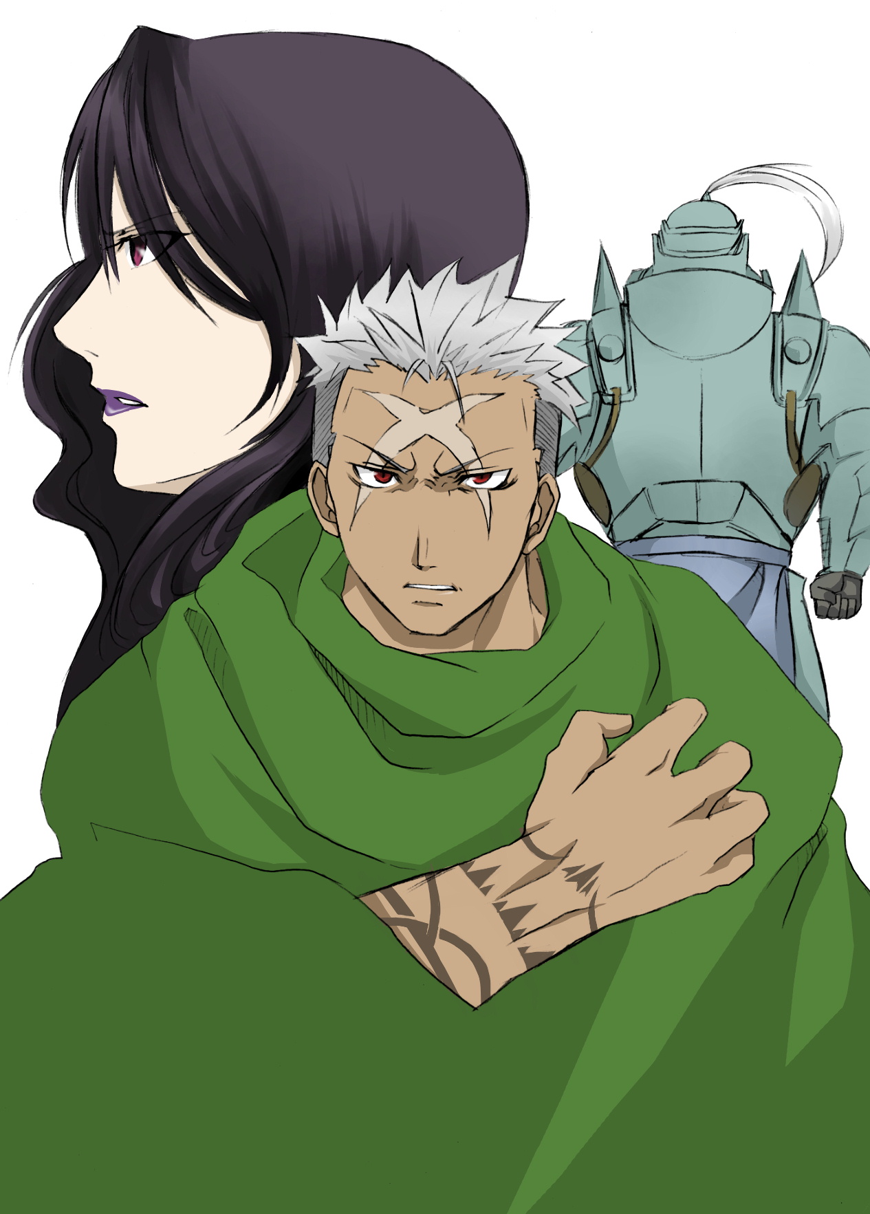 ichi tora, wisteria06, alphonse elric, lust (fma), scar (fma), fullmetal alchemist, homunculus, bad id, bad pixiv id, highres, 00s, 1girl, 2boys, armor, back, black hair, cloak, cross scar, dark-skinned male, dark skin, grey hair, lipstick, long hair, makeup, multicolored hair, multiple boys, pale skin, purple lips, red eyes, scar, scar on neck, short hair, tattoo, two-tone hair, wavy hair, white hair
