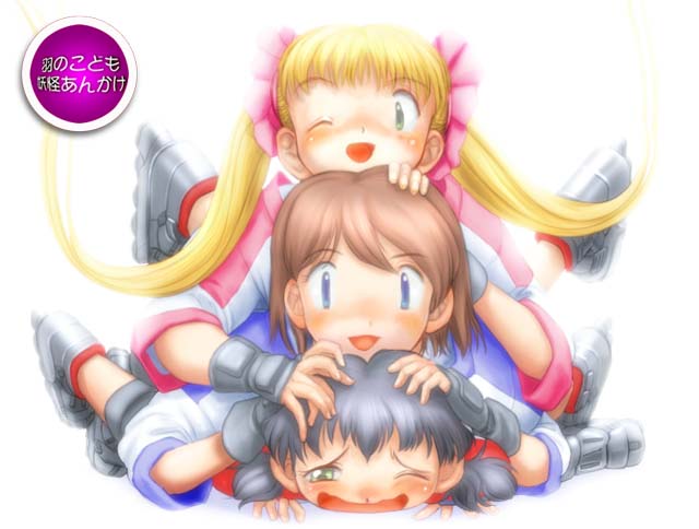 kawamura kumi, ootani yuri, tomine kasumi, alien nine, bike shorts, blonde hair, blue eyes, brown hair, green eyes, inline skates, roller skates, school uniform, skates